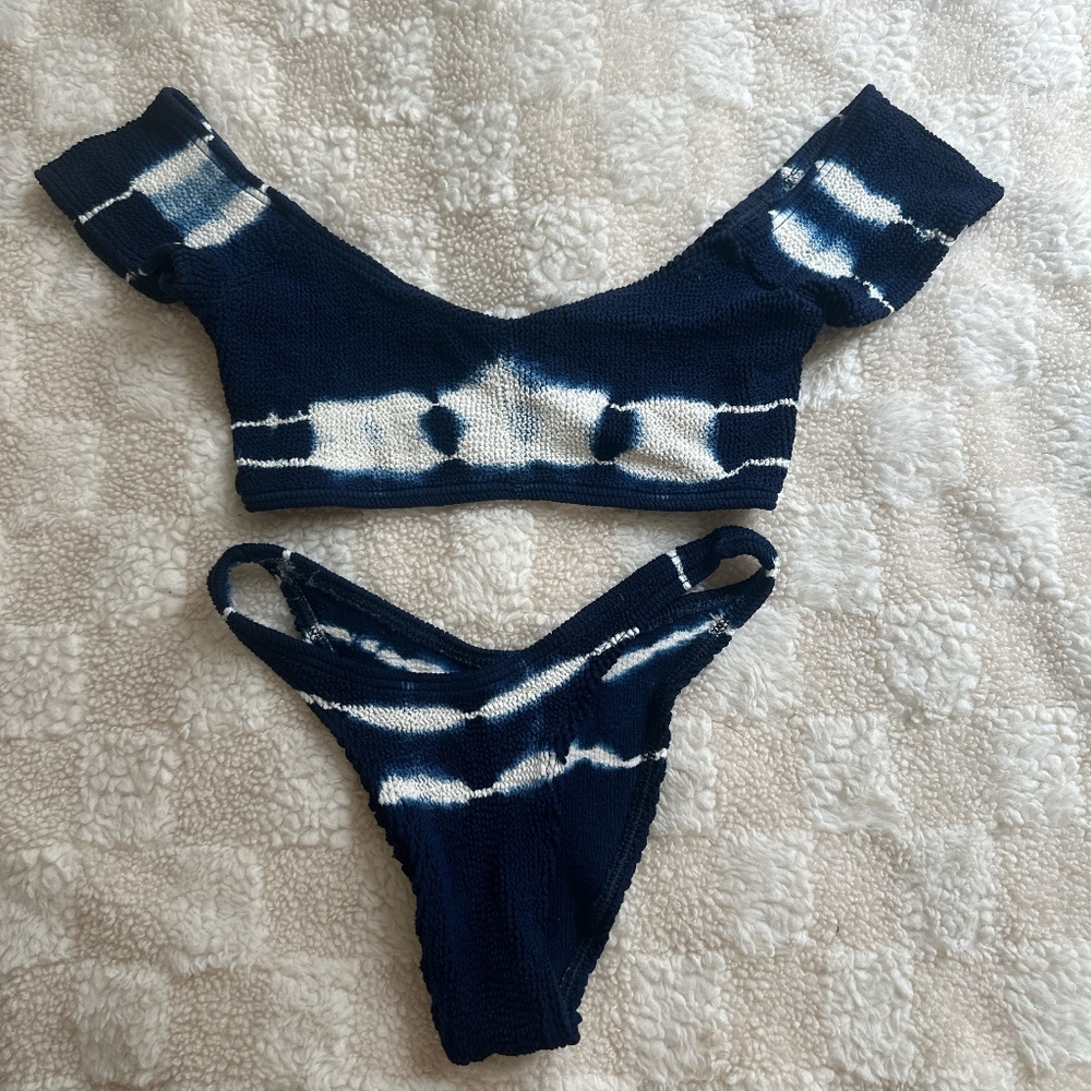 bond-eye Navy and White Tie-Dye Knit Bikini Set